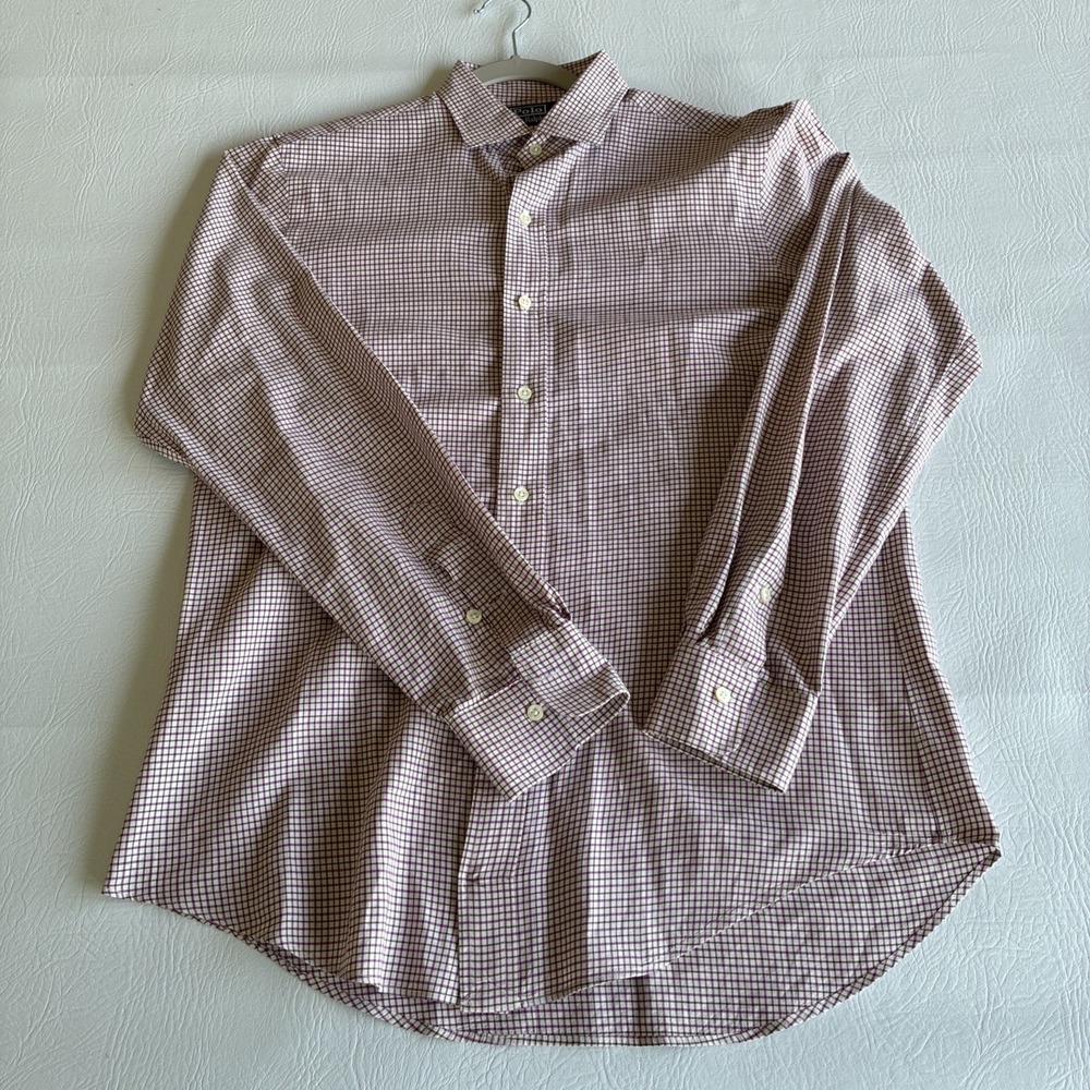 Men's Medium Shirt Magenta Maroon Checked Preppy Ralph Lauren Polo Long Sleeve